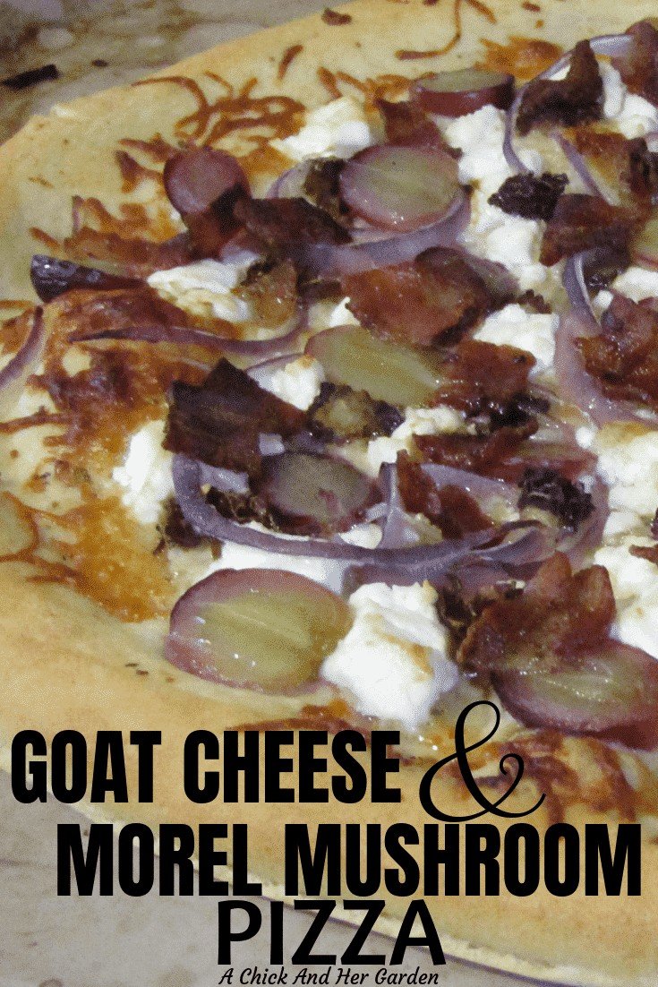 Two of my favorite things, goat cheese and morel mushrooms, on a pizza! I had to try it and I'm so glad I did! It was so good I make it even when the mushrooms aren't in season! #pizzarecipes #morelmushroomrecipes #pizza #goatcheese #achickandhergarden