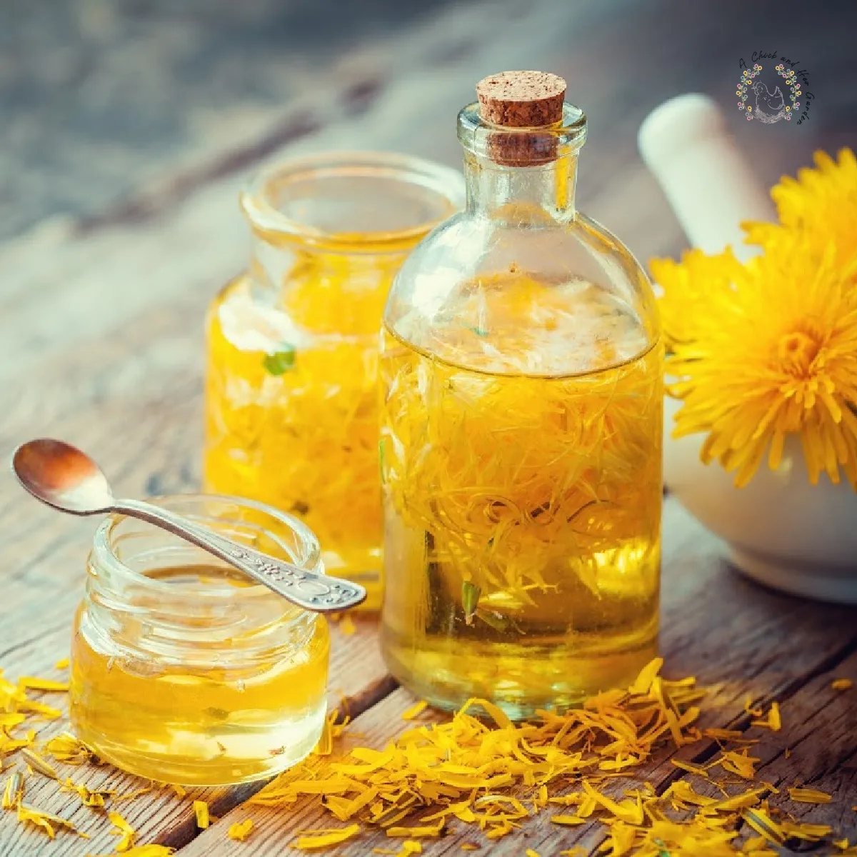 glass bottle with dandelion petals infused in oil different sized jars with the oils white pestle and mortar filled with dandelions all sitting on wood boards with scattered dandelion petals
