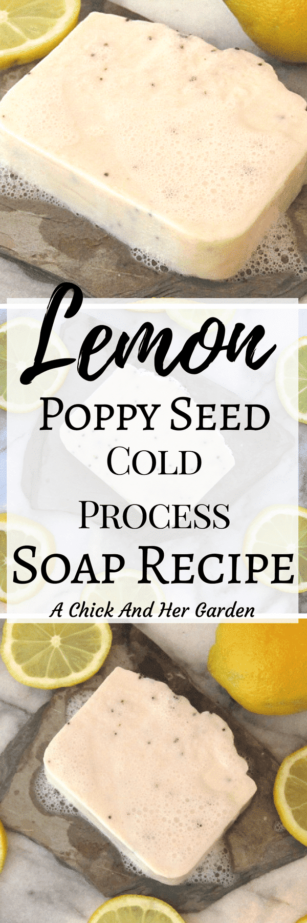If you're looking for the perfect cold process soap recipe for Spring, this is it! The Lemon Poppy Seed soap recipe turned out so refreshing with a creamy lather and we love it! #coldprocesssoap #lemonsoap #soapmaking #DIY #Springsoap #naturalskincare #naturalsoapmaking #achickandhergarden