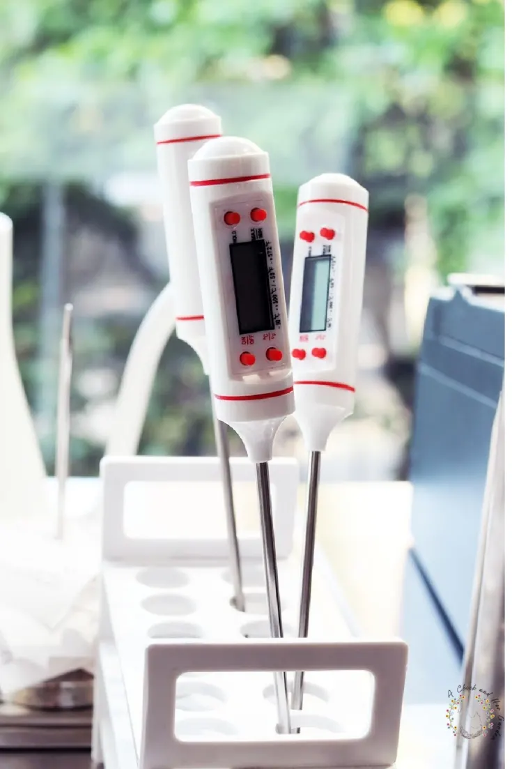 three digital thermometers in stand standing upright