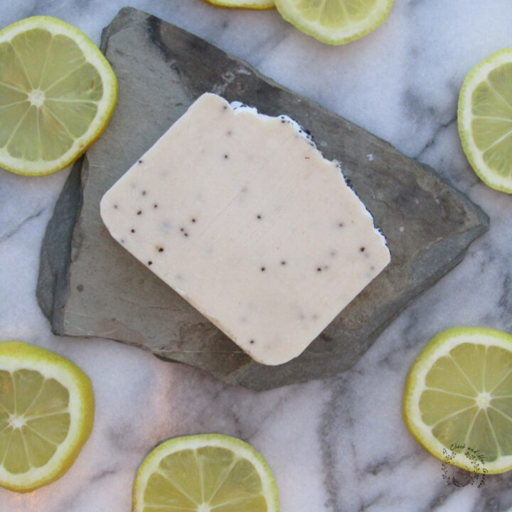 white bar of soap with poppy seeds on a piece of slate surrounded by lemon slices