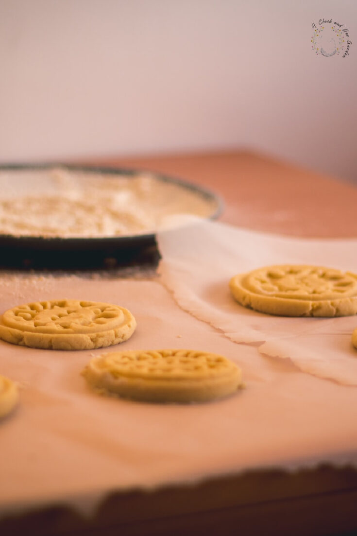 parchment paper on a counter with cookies on it