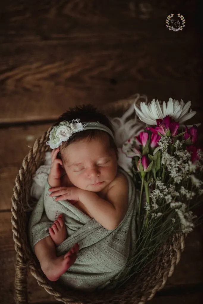 baby girl in a basket wrapped in a pale green blanket wearing a lacy white headband and flowers laying next to her