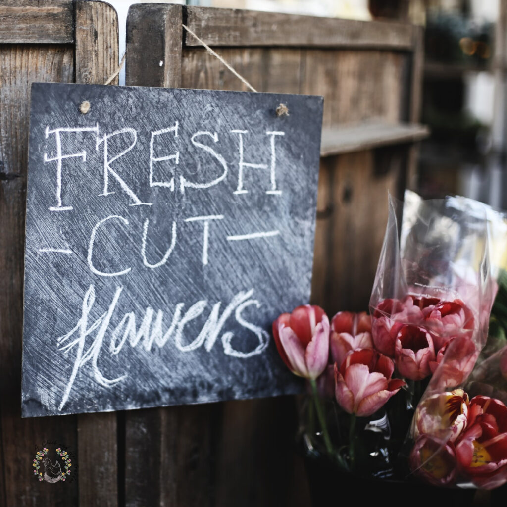 chalkboard sign reading fresh cut flowers hanging on a wooden backdrop next to bouquets of fresh cut tulips