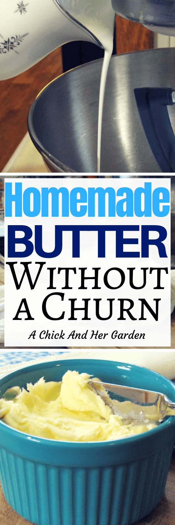 When you're trying to find ways to cut out processed foods, homemade butter is one of the easiest steps to take! This butter is so creamy and there was almost no work involved! Bonus you get buttermilk when you're done! #cleaneating #fromscratchcooking #homemadefood #butter #achickandhergarden
