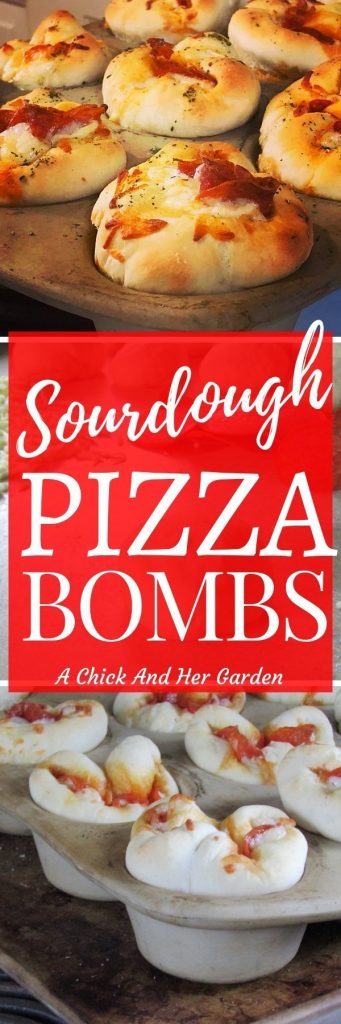 I love sourdough pizza and these sourdough pizza bombs were the perfect snack to bring to parties! #sourdoughrecipes #sourdoughpizza #appetizerrecipes #achickandhergarden