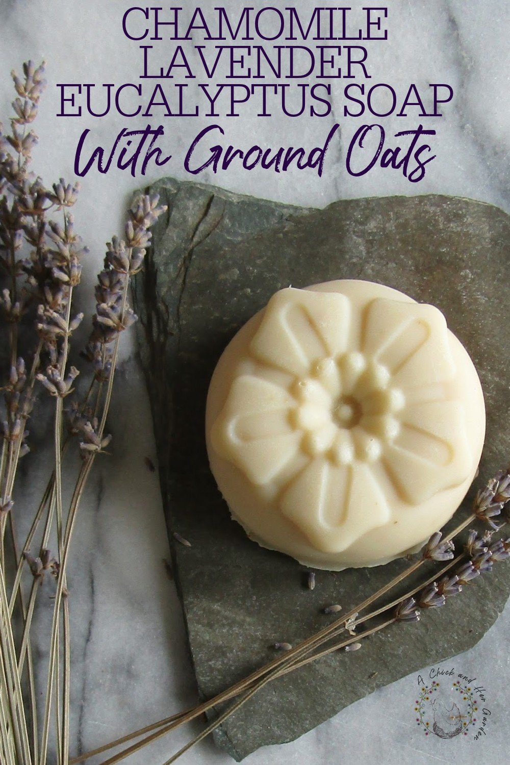 If you're looking for a soothing, but refreshing soap recipe, you need to try this Chamomile, Lavender and Eucalyptus soap with ground oats! The scent is calming with a refreshing hint of eucalyptus. The lather is super creamy. And the oats are a soothing exfoliator for dry winter skin! #coldprocesssoap #chamomilesoap #lavendersoap #eucalyptussoap #wintersoaprecipes #diysoap #achickandhergarden