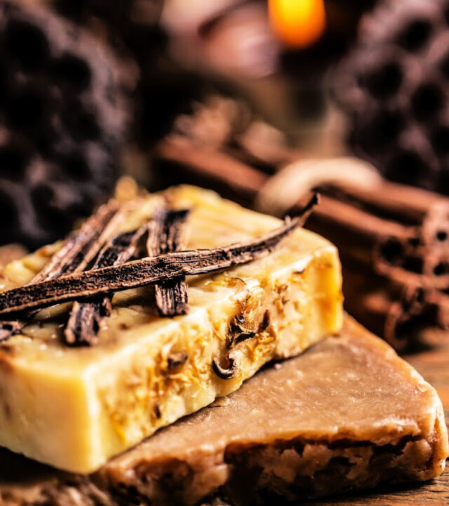 brown and cream colored soaps with cinnamon sticks and spices in the background